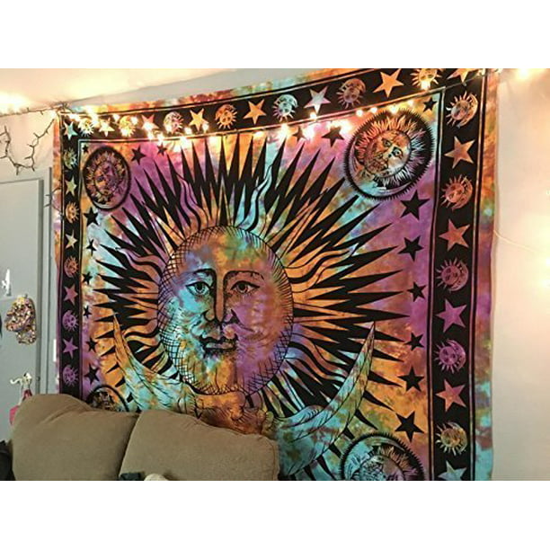 Bless International Psychedelic Celestial Sun Moon Tapestry Planet Bohemian Tapestry Wall Hanging Dorm Decor Boho Tapestry Hippie Hippy Tapestry Orange Multi, 51 X 60 inches